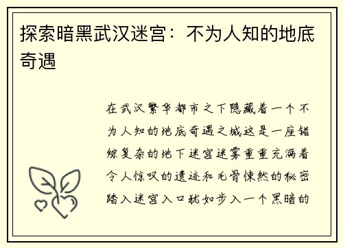 探索暗黑武汉迷宫：不为人知的地底奇遇